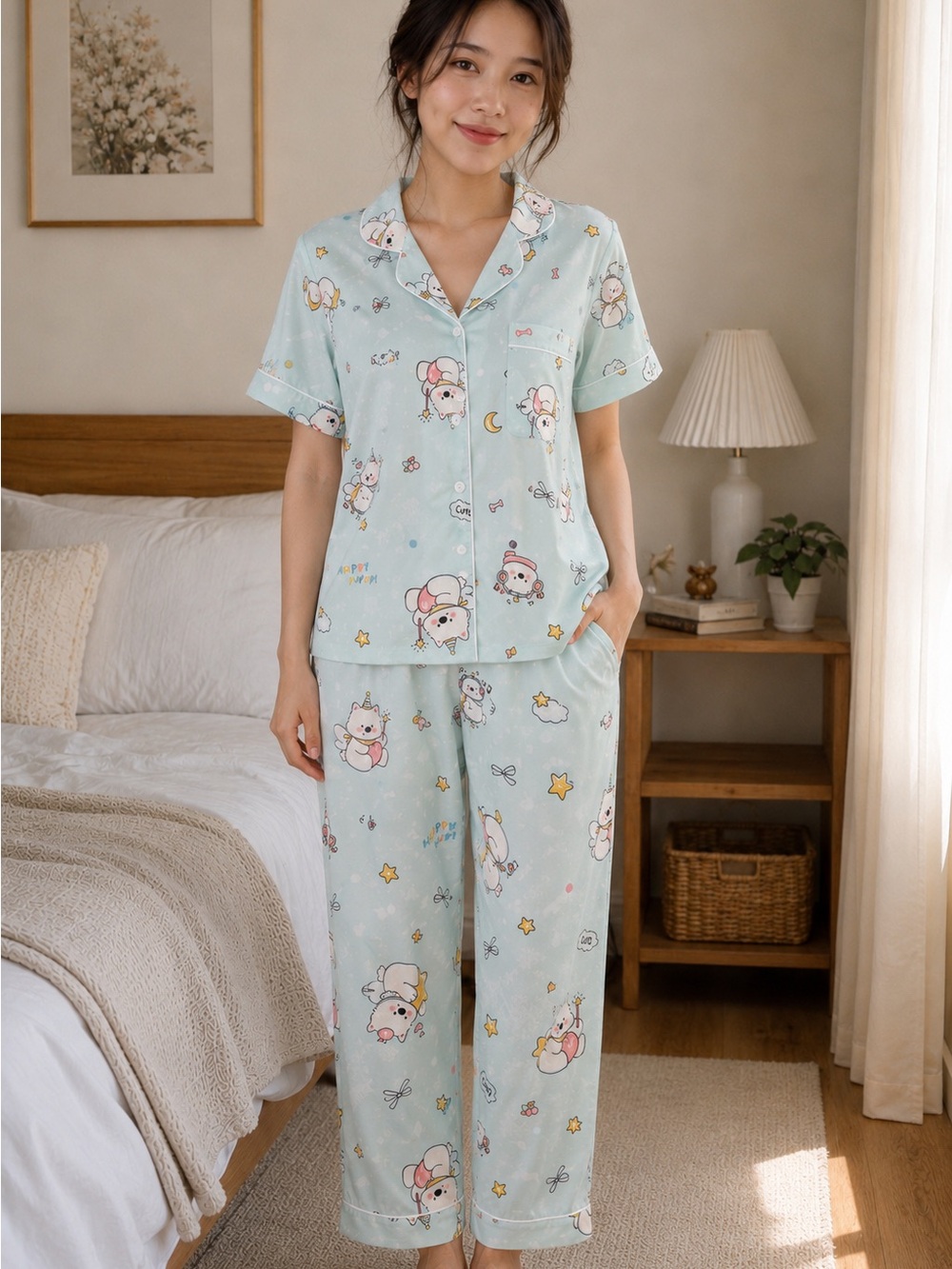 Light Blue Cartoon Print Short-Sleeve Pajama Set - Cute Sleepwear